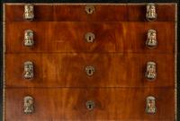 A Continental Egyptian Revival Gilt Metal Mounted Walnut Marble-Top Commode