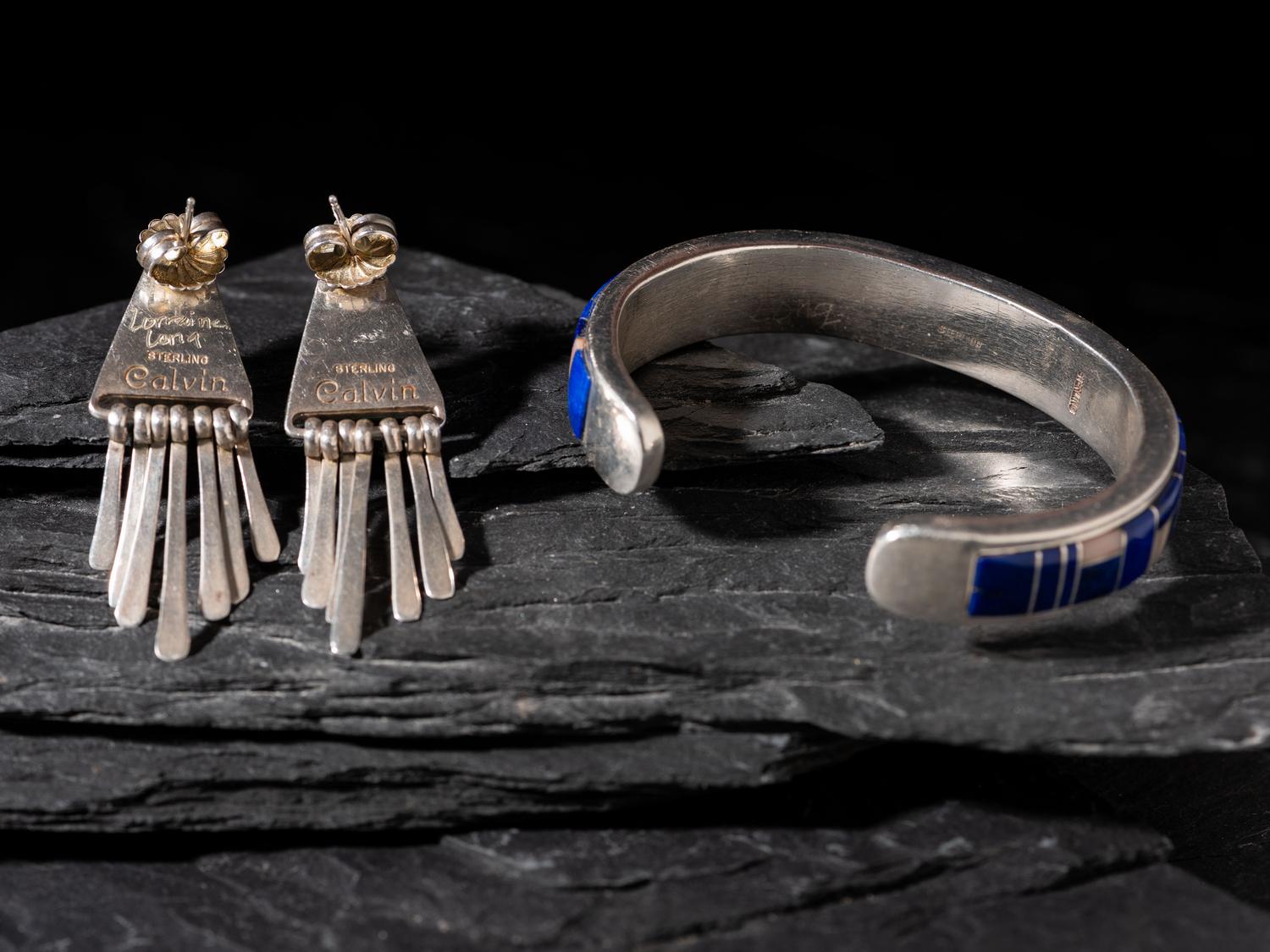 Navajo Sterling Silver and Lapis Channel Inlay Cuff Bracelet and Post Earrings