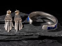 Navajo Sterling Silver and Lapis Channel Inlay Cuff Bracelet and Post Earrings
