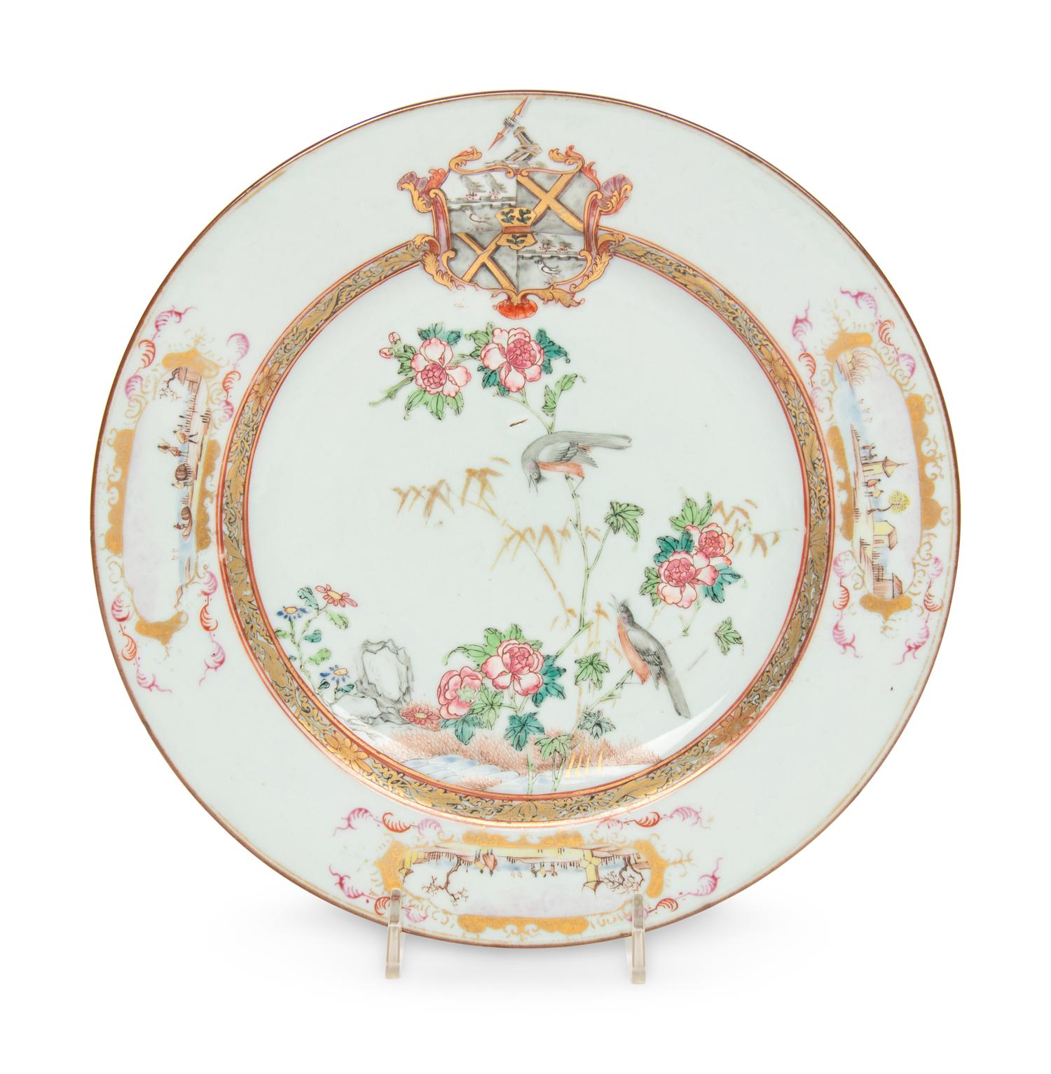 A Chinese Export Parcel-Gilt Famille Rose Armorial Porcelain Plate