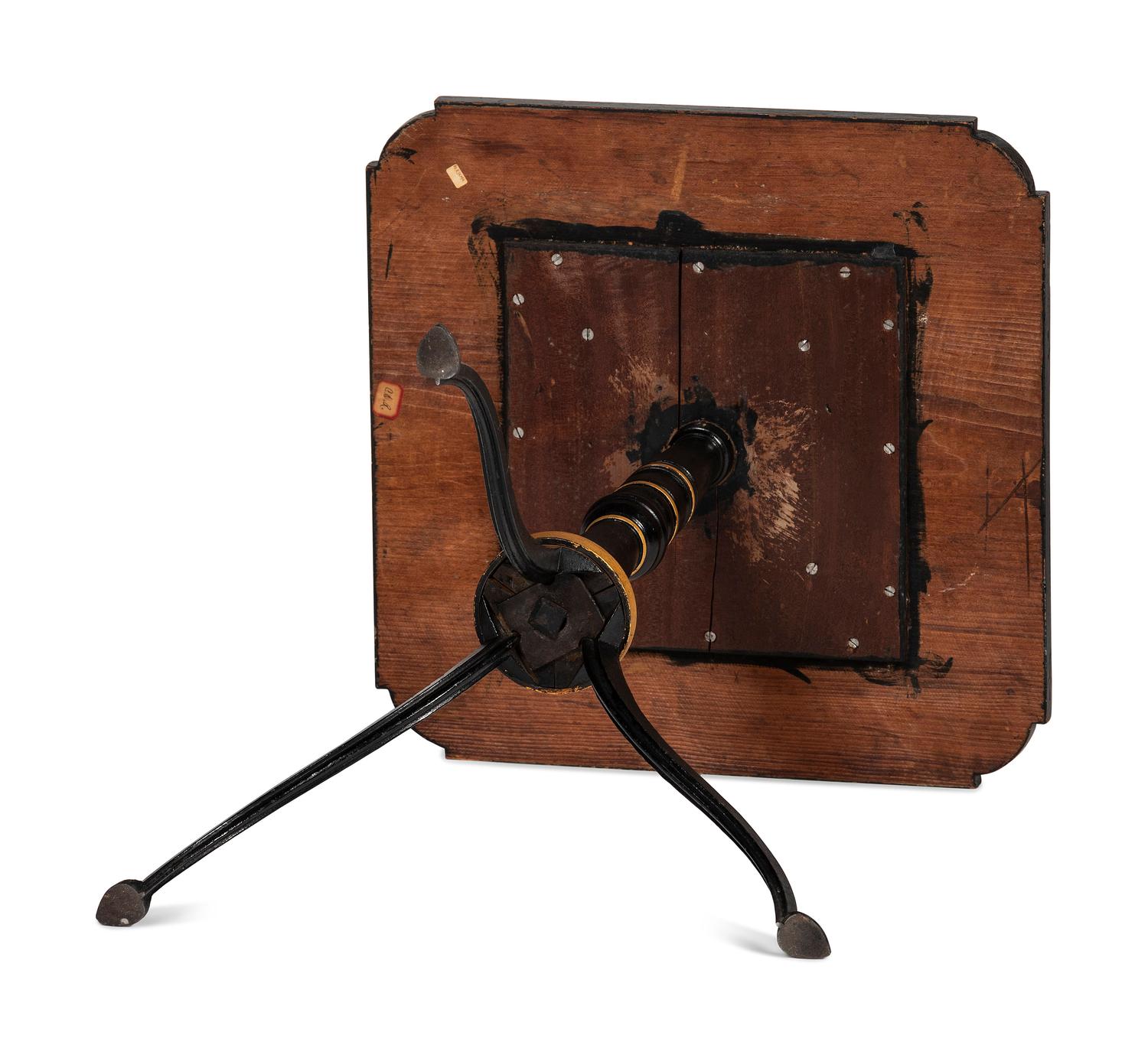 A Federal Style Turned, Painted and Inlaid Wood, Wrought-Iron Mounted Checkerboard-Top Candlestand