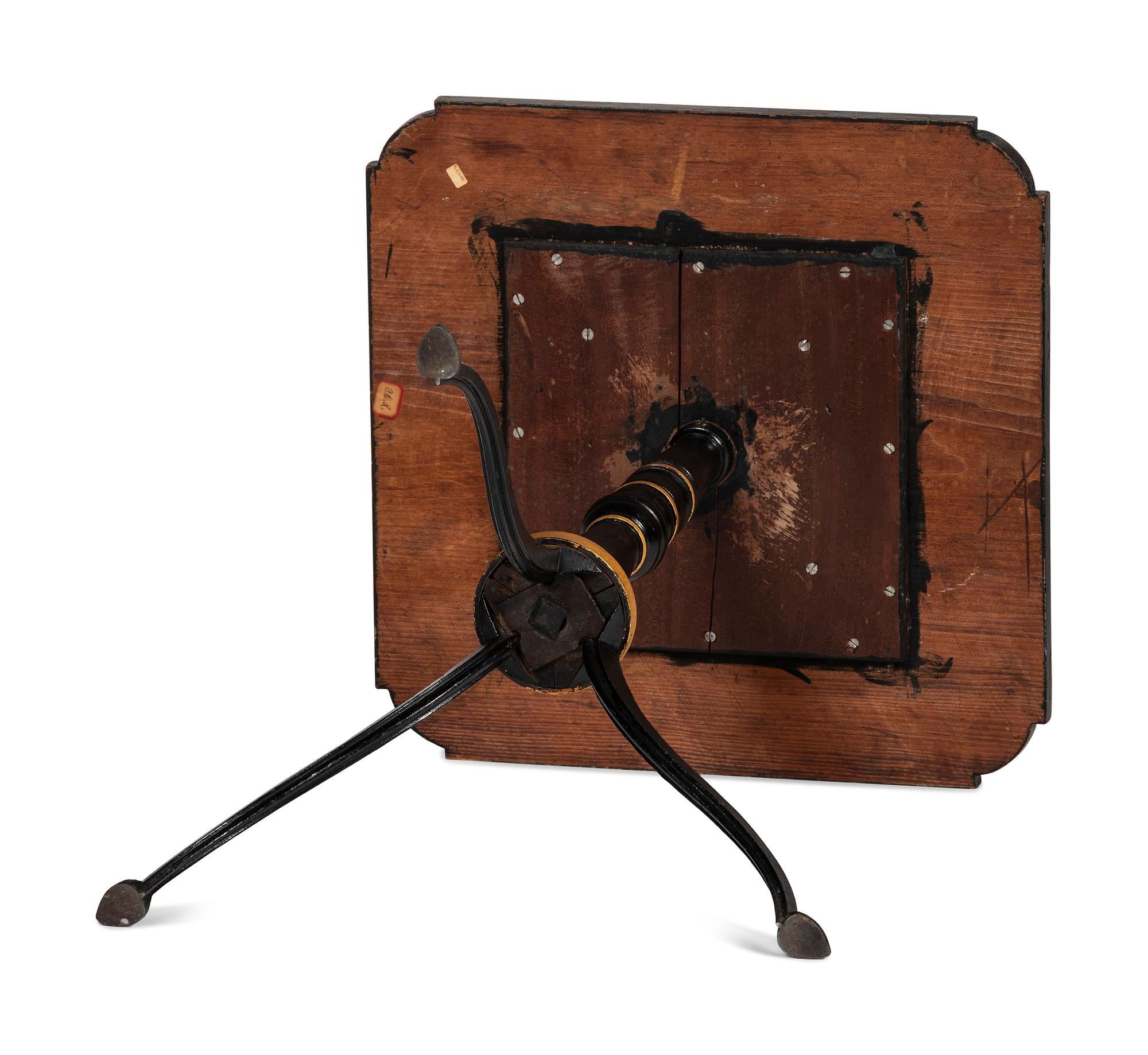 A Federal Style Turned, Painted and Inlaid Wood, Wrought-Iron Mounted Checkerboard-Top Candlestand