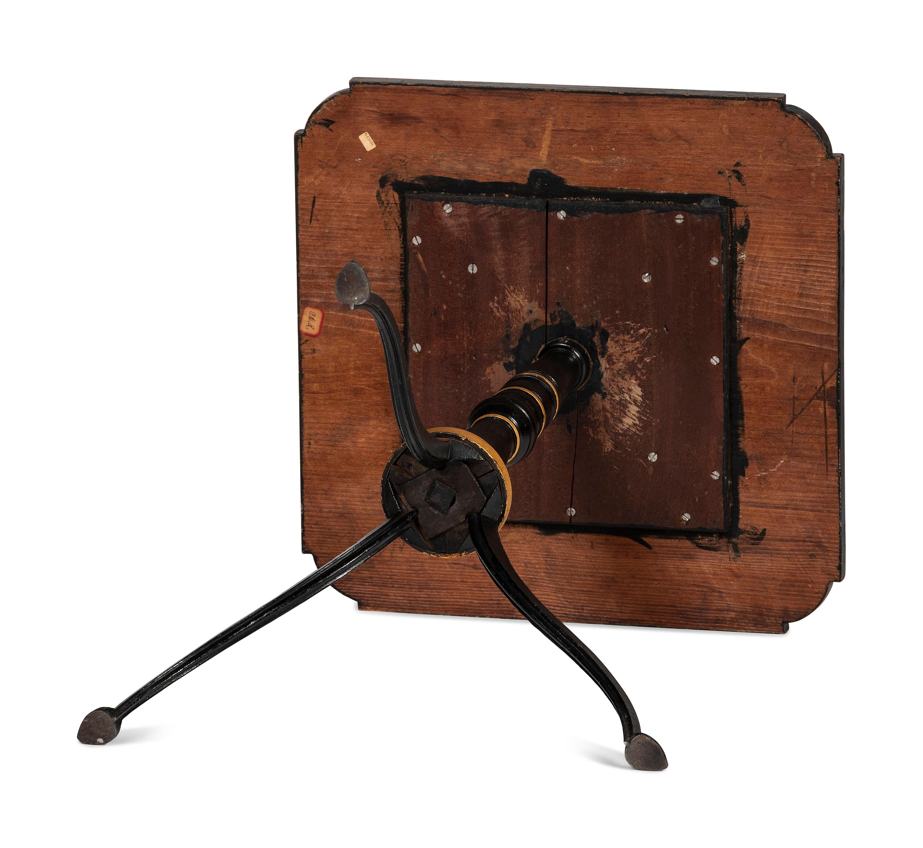 A Federal Style Turned, Painted and Inlaid Wood, Wrought-Iron Mounted Checkerboard-Top Candlestand