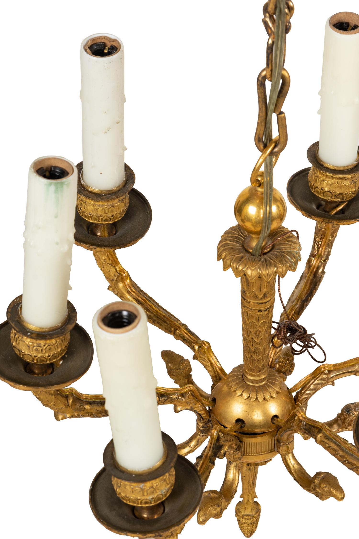 A Pair of Empire Gilt Bronze Six-Light Chandeliers