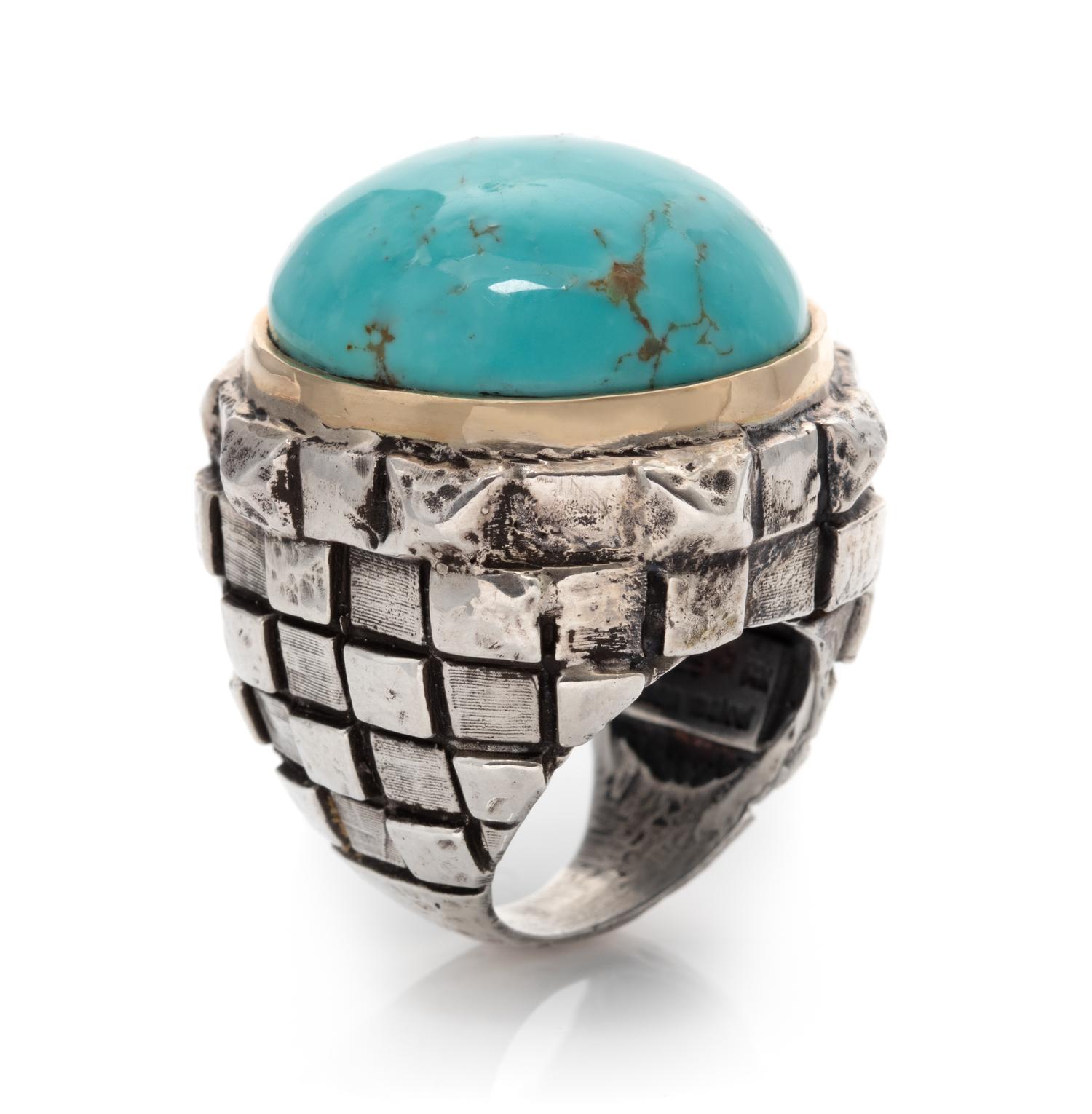 A Sterling Silver, 14 Karat Yellow Gold and Turquoise Ring, Dian Malouf, 28.60 dwts.