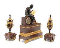 A Large French Gilt and Patinated Bronze and Marble Figural Clock Garniture