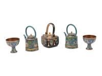 A Group of Three Cloisonné Teapots and Two Cups