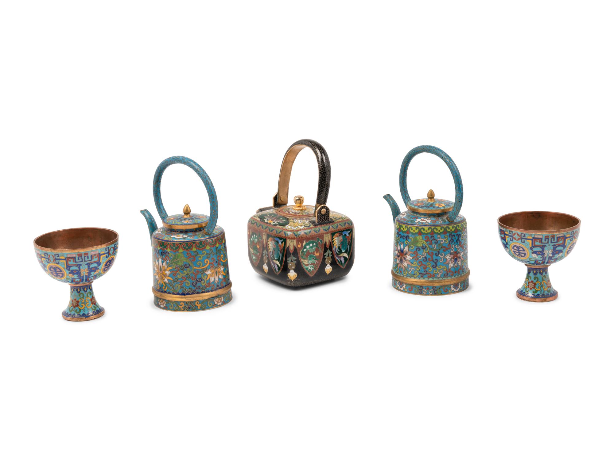A Group of Three Cloisonné Teapots and Two Cups