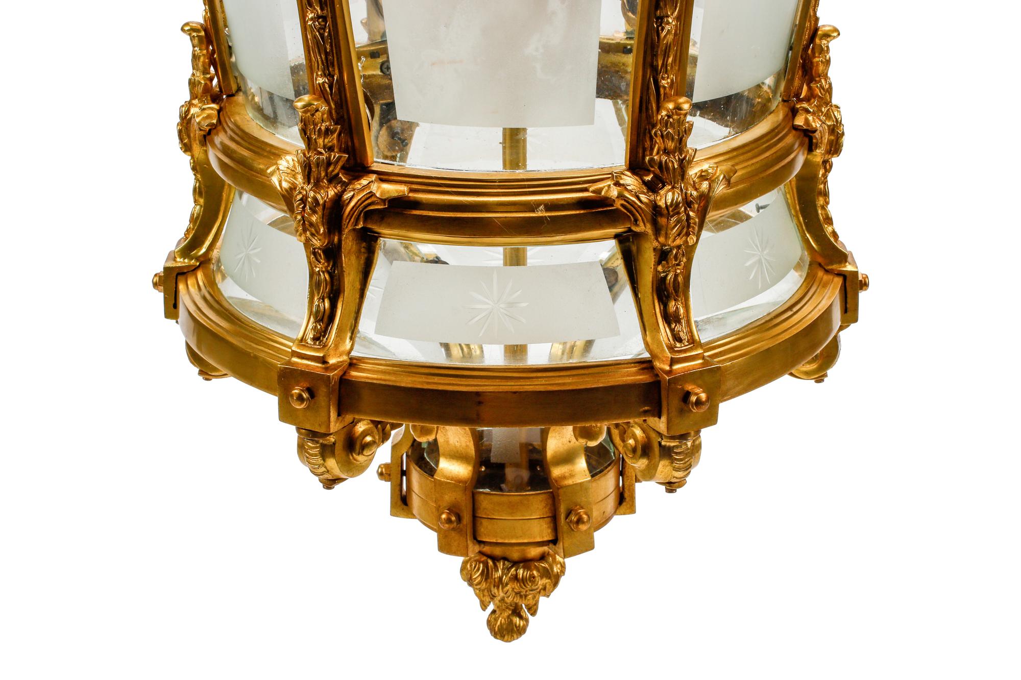 A Large Régence Style Gilt Bronze and Etched Glass Hall Lantern