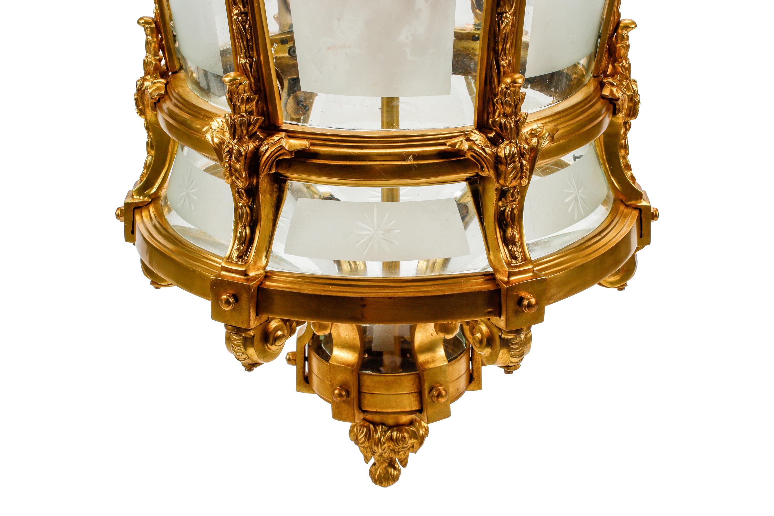 A Large Régence Style Gilt Bronze and Etched Glass Hall Lantern