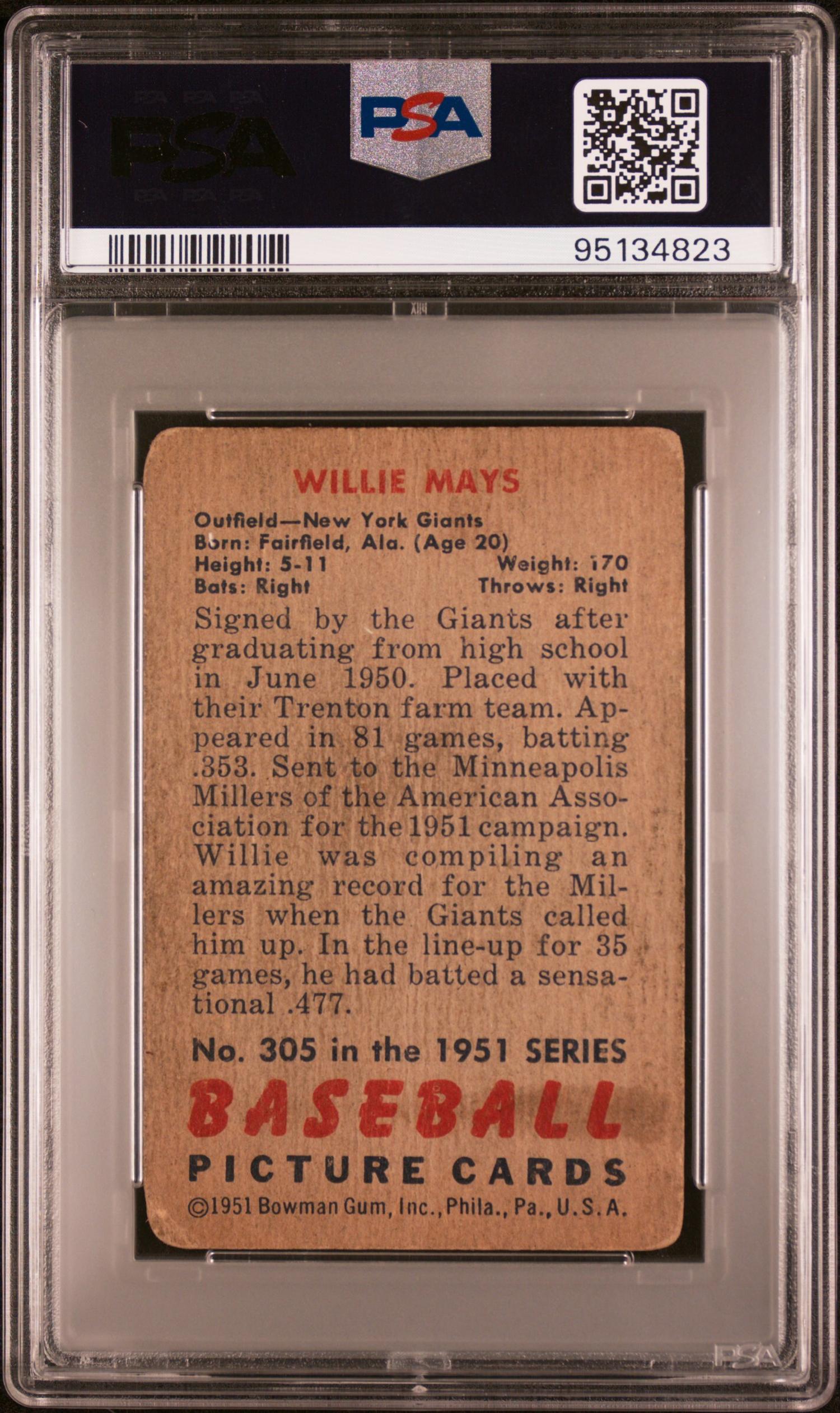 A 1951 Bowman Willie Mays Rookie Baseball Card No. 305 (PSA 1)