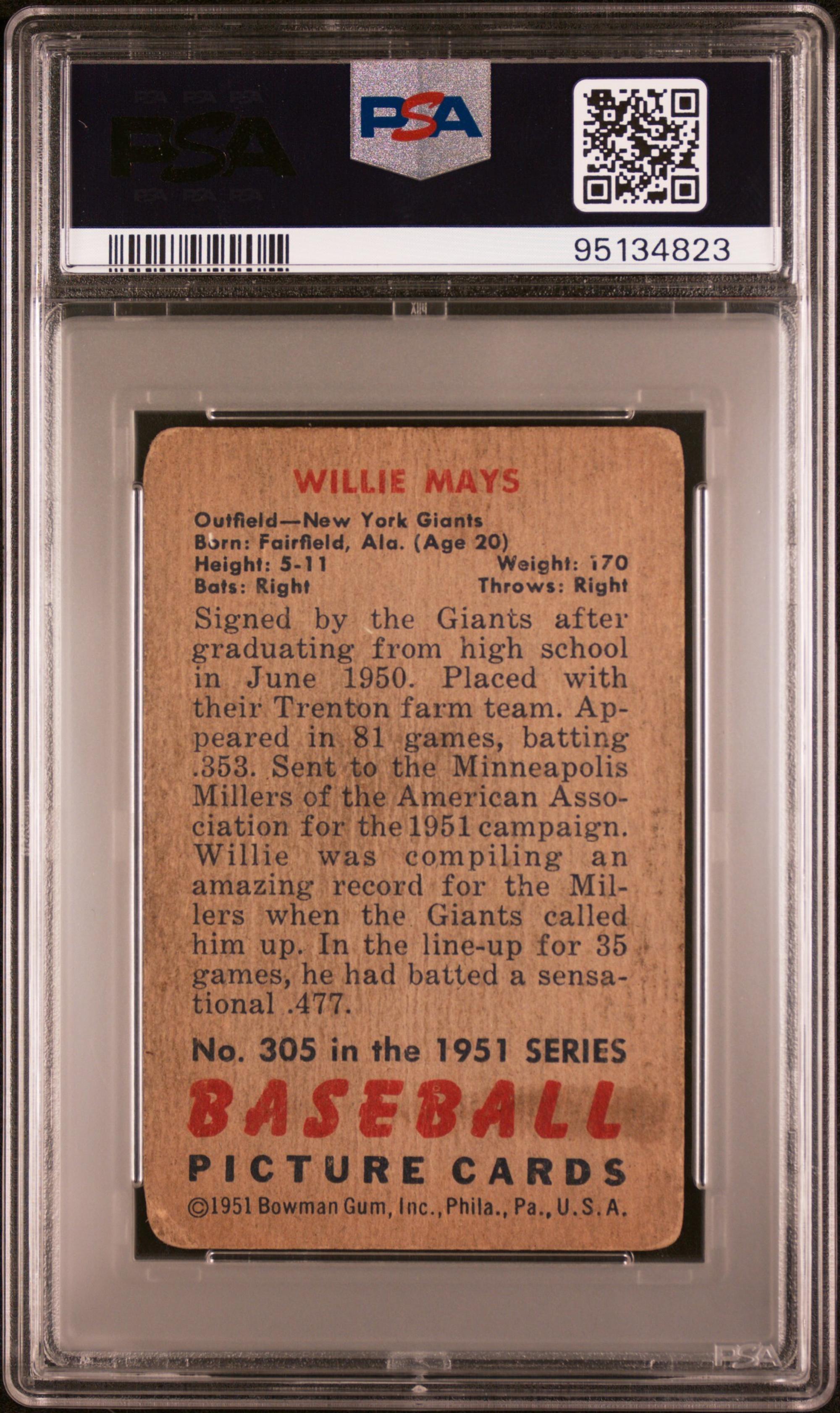 A 1951 Bowman Willie Mays Rookie Baseball Card No. 305 (PSA 1)