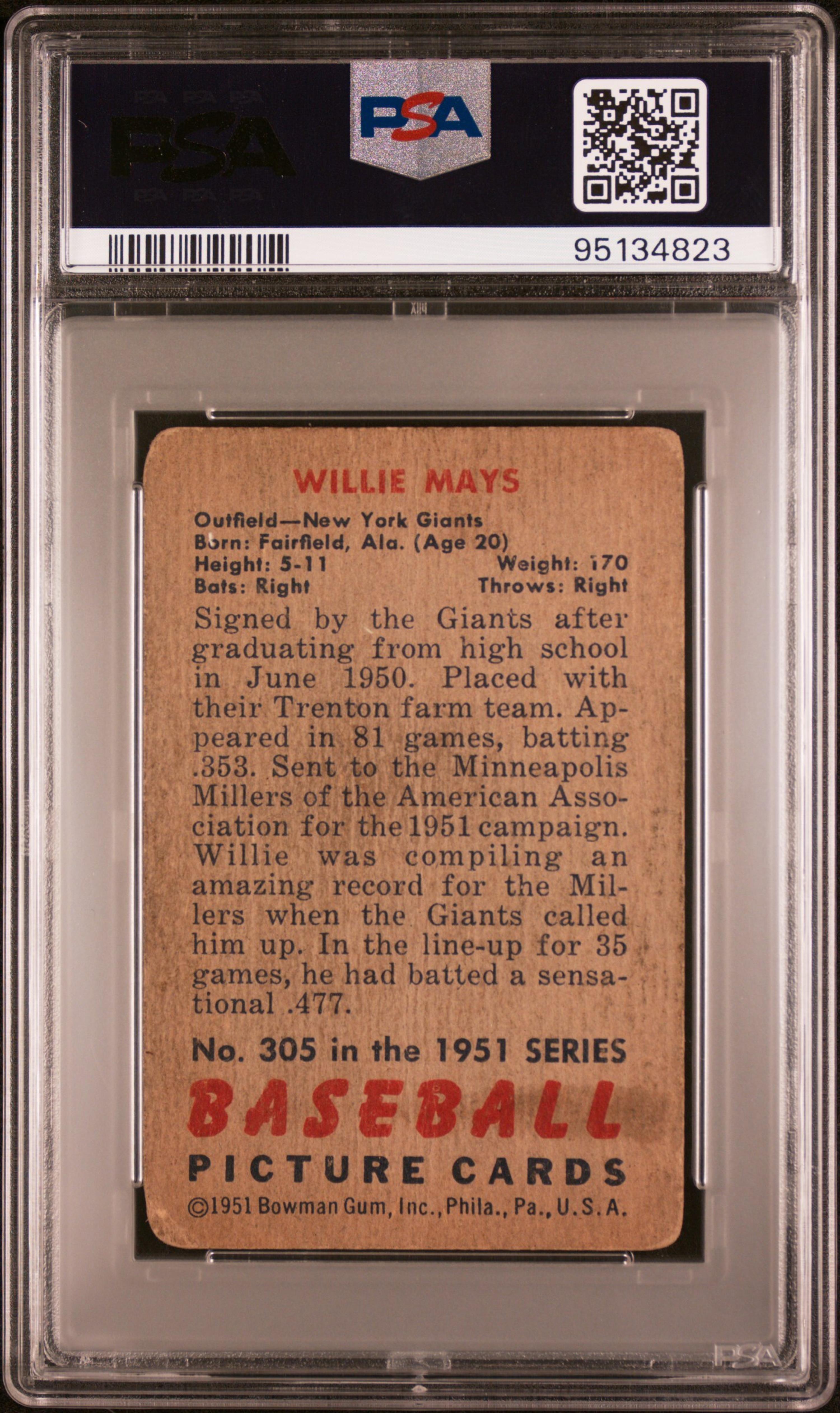 A 1951 Bowman Willie Mays Rookie Baseball Card No. 305 (PSA 1)