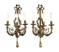 A Pair of Louis XVI Style Gilt Metal Three-Light Sconces