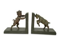 A Pair of Art Deco Signed Carlier Bronze Satyr & Goat Bookends — EARLY 20TH CENTUR