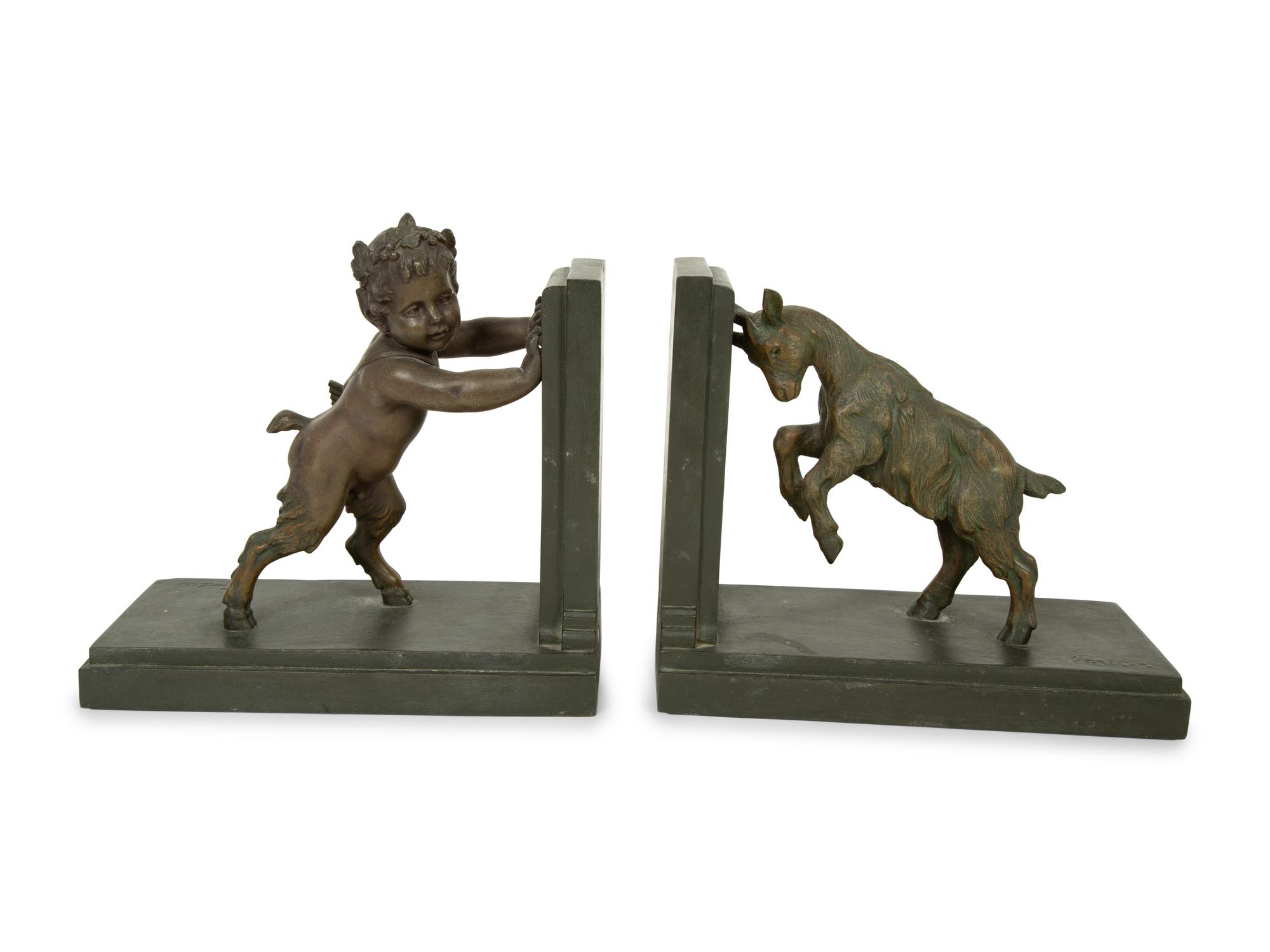 A Pair of Art Deco Signed Carlier Bronze Satyr & Goat Bookends — EARLY 20TH CENTUR