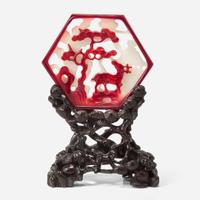 An unusual small Chinese ruby-overlay glass table screen with carved wood stand 紅白雙色琉璃硯屏及木底座 The glass Qing dynasty ?????