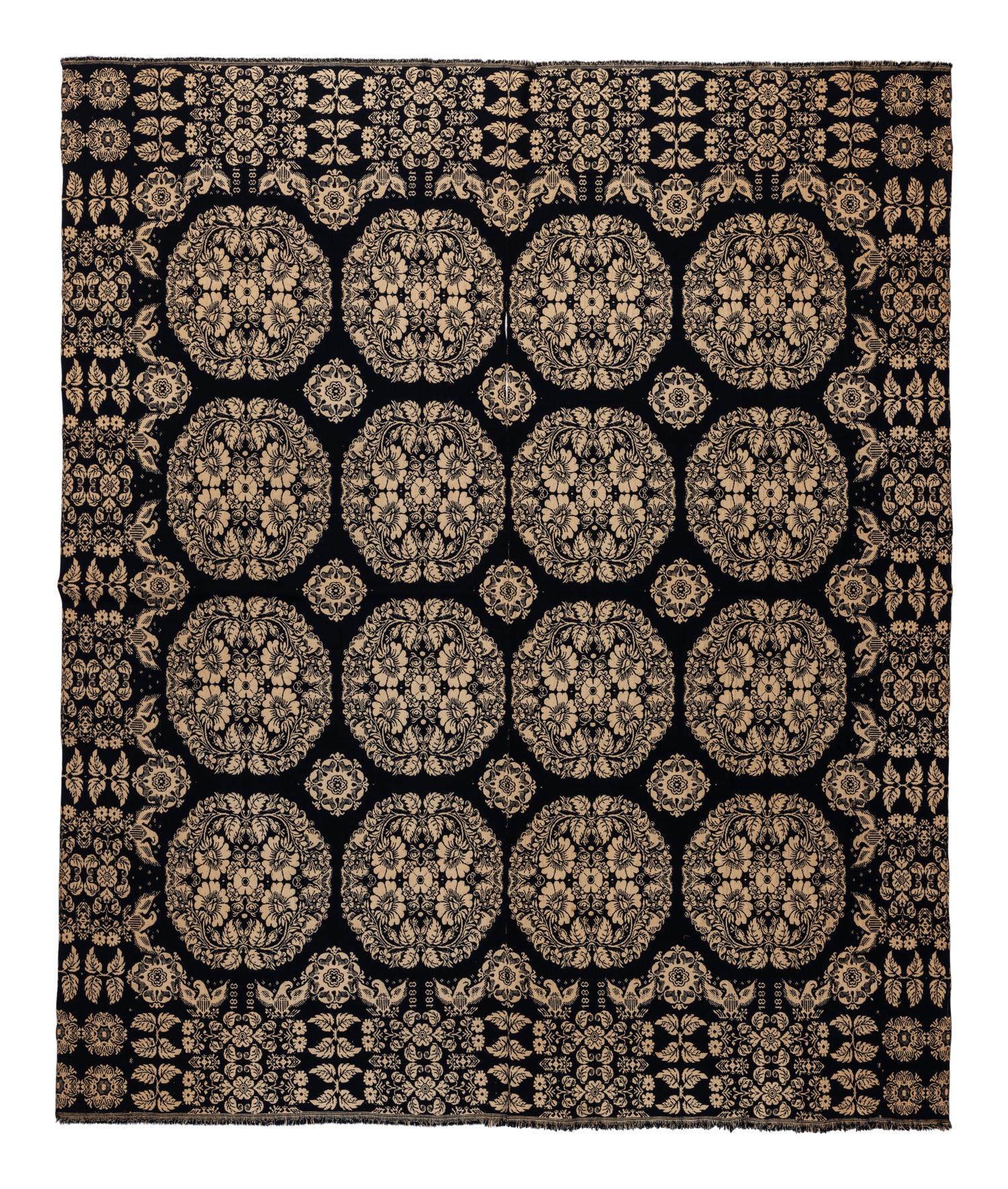 A Flower Medallion, Eagle and Shield Jacquard Coverlet
