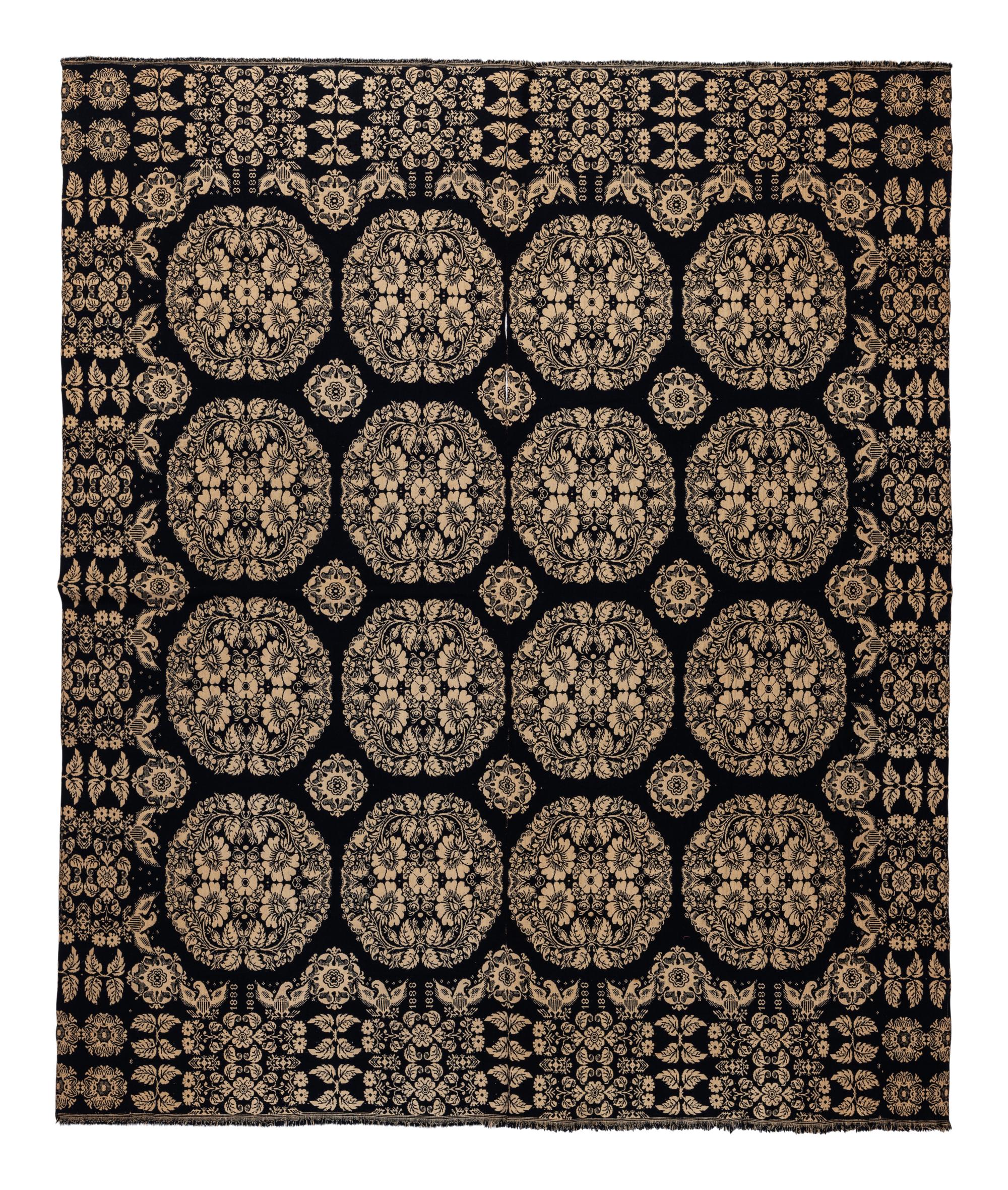 A Flower Medallion, Eagle and Shield Jacquard Coverlet