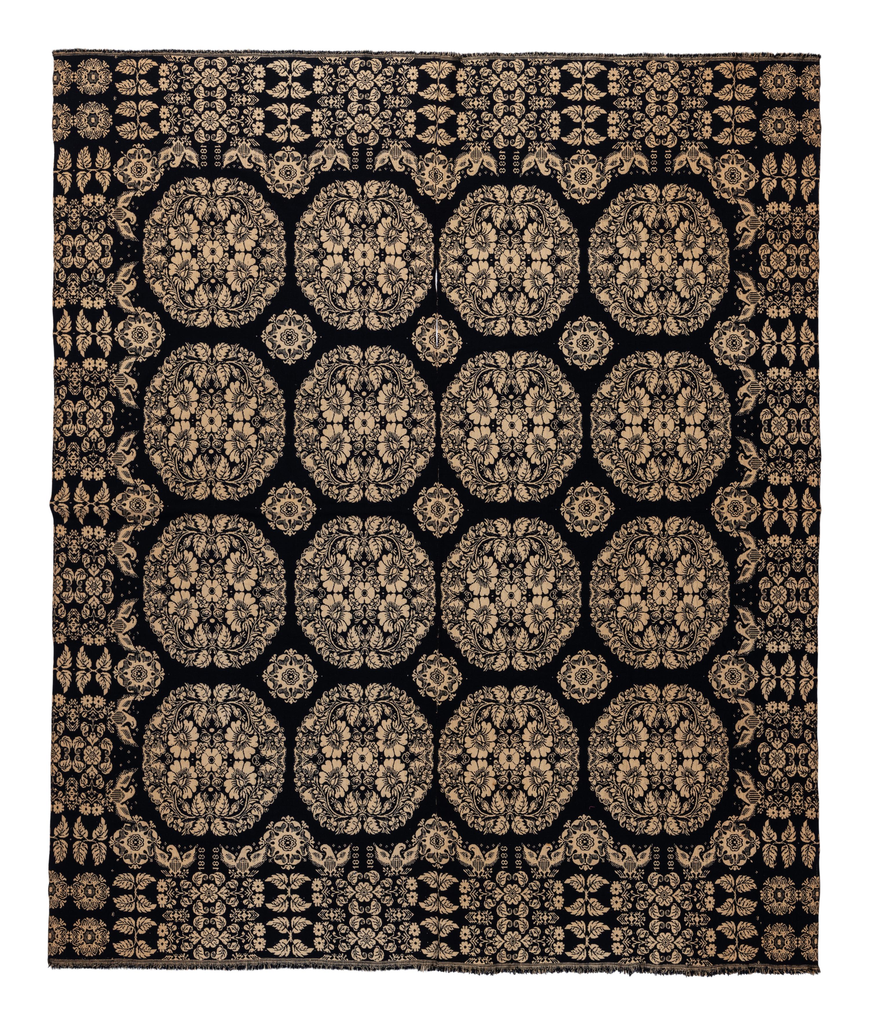 A Flower Medallion, Eagle and Shield Jacquard Coverlet