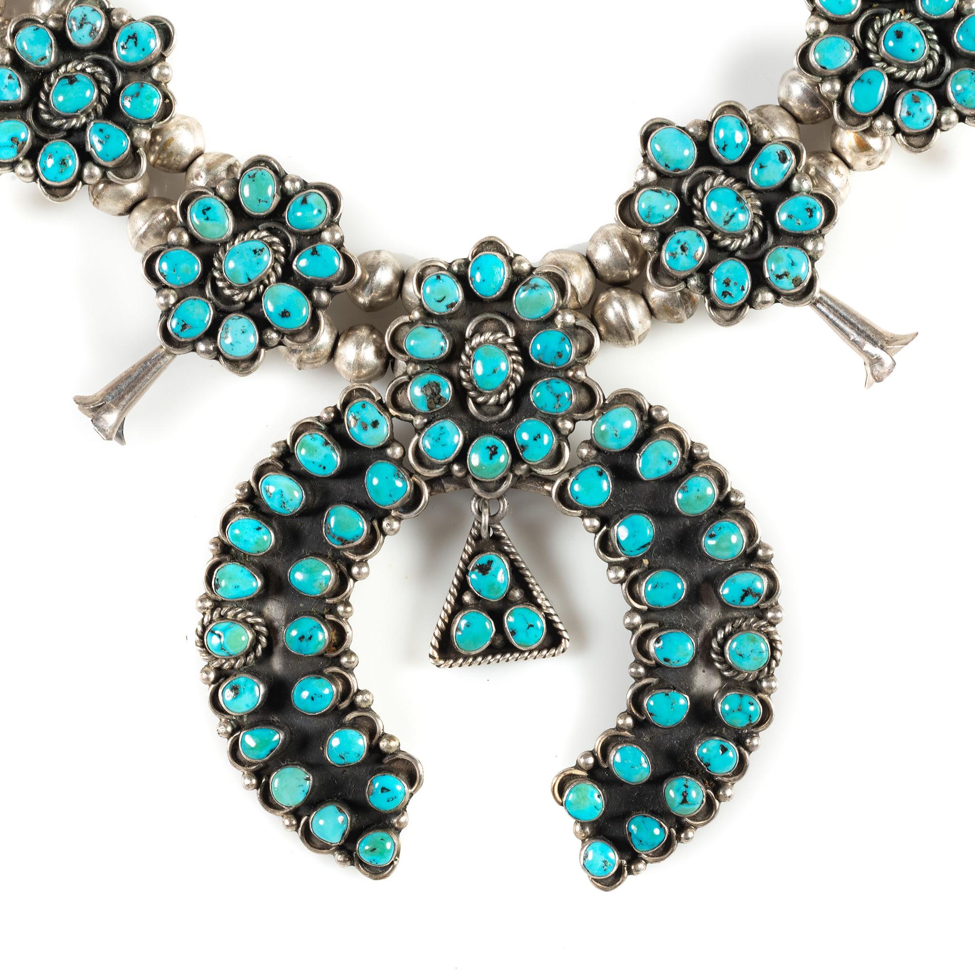Navajo Silver and Turquoise Cluster Squash Blossom Necklace
