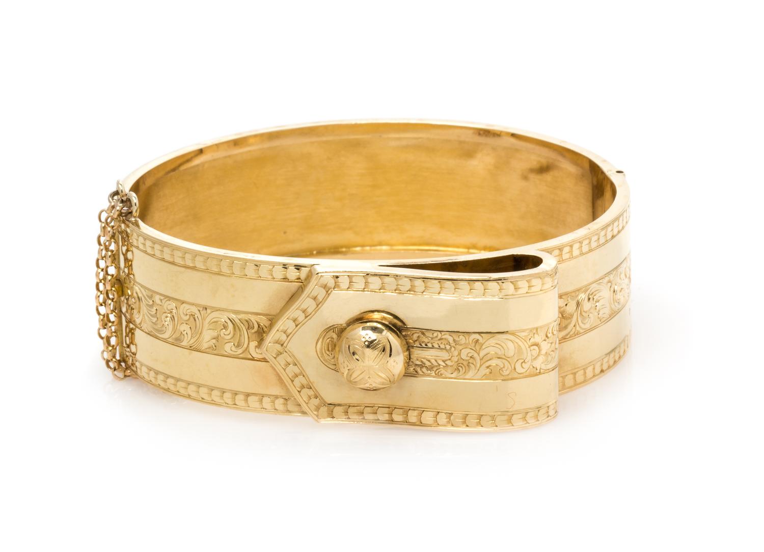 A Victorian 18 Karat Yellow Gold Buckle Motif Bangle Bracelet, L. Larsson & Co., Circa 1872, 14.50 dwts.