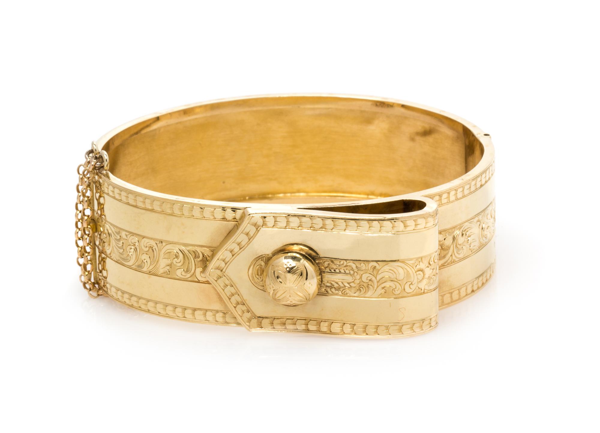 A Victorian 18 Karat Yellow Gold Buckle Motif Bangle Bracelet, L. Larsson & Co., Circa 1872, 14.50 dwts.
