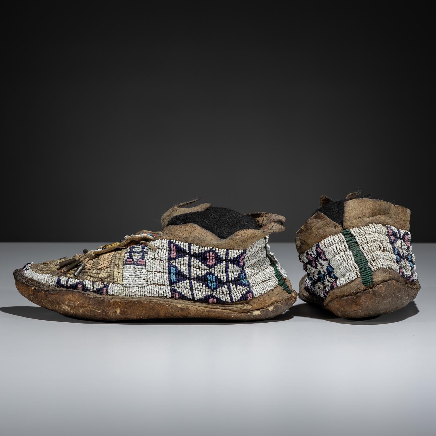Northern Plains Beaded and Quilled Buffalo Hide Moccasins