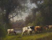Hermann Herzog (American/German, 1832-1932) — Pastoral Landscape, Cows by Water's Edge , c. 1880