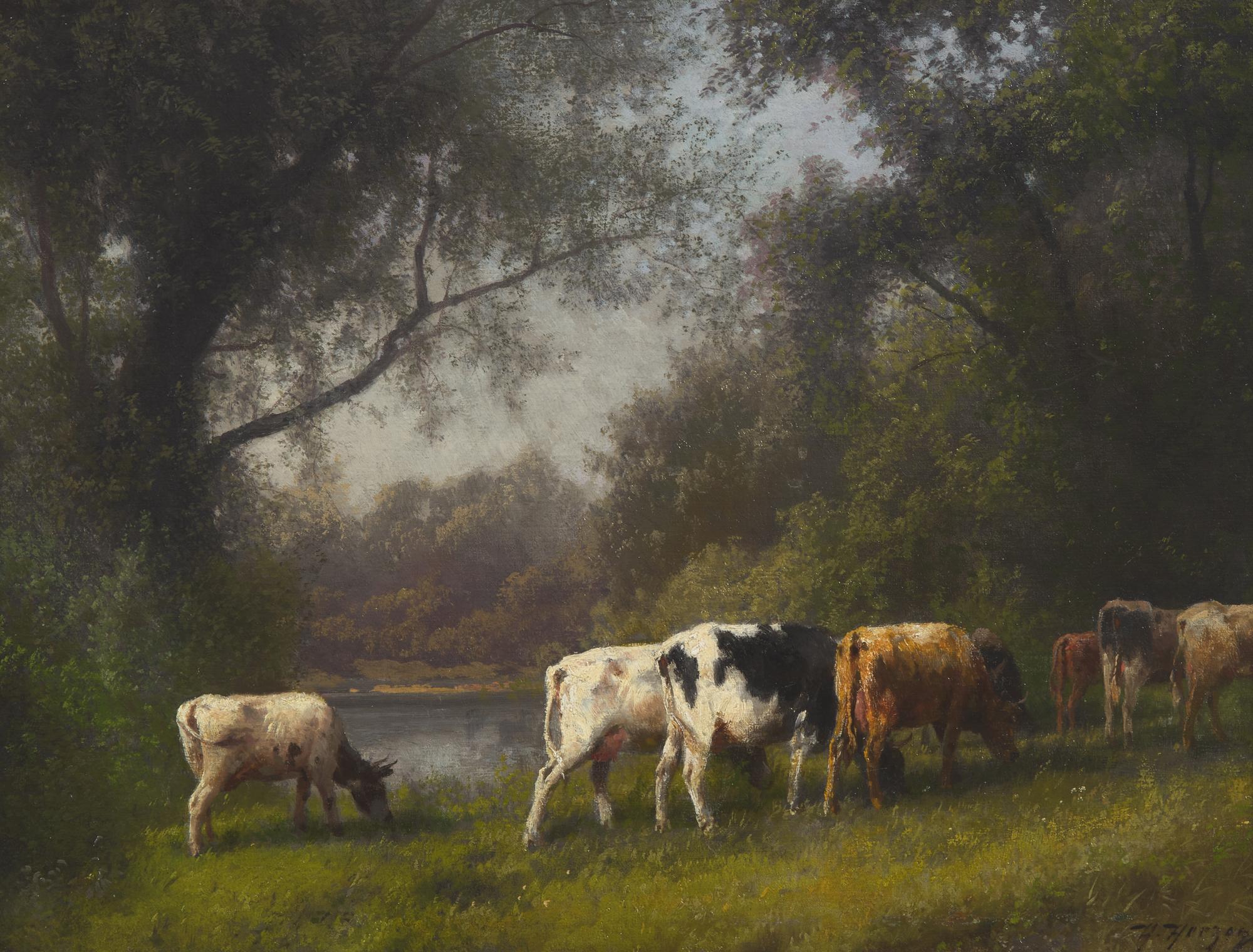 Hermann Herzog (American/German, 1832-1932) — Pastoral Landscape, Cows by Water's Edge , c. 1880