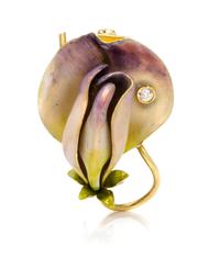 A 14 Karat Yellow Gold, Polychrome Enamel and Diamond Sweet Pea Flower Brooch, Krementz & Co., 4.40 dwts.