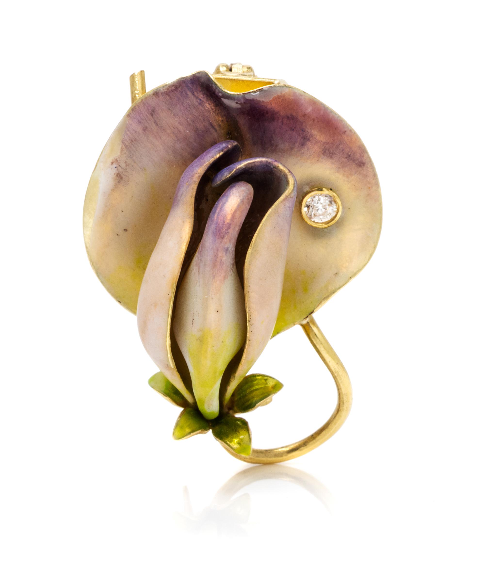 A 14 Karat Yellow Gold, Polychrome Enamel and Diamond Sweet Pea Flower Brooch, Krementz & Co., 4.40 dwts.