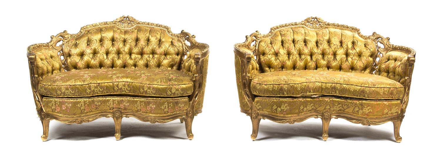 A Pair of Louis XVI Style Giltwood Settees, Width 56 1/4 inches.