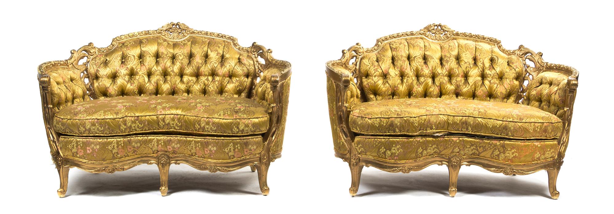 A Pair of Louis XVI Style Giltwood Settees, Width 56 1/4 inches.