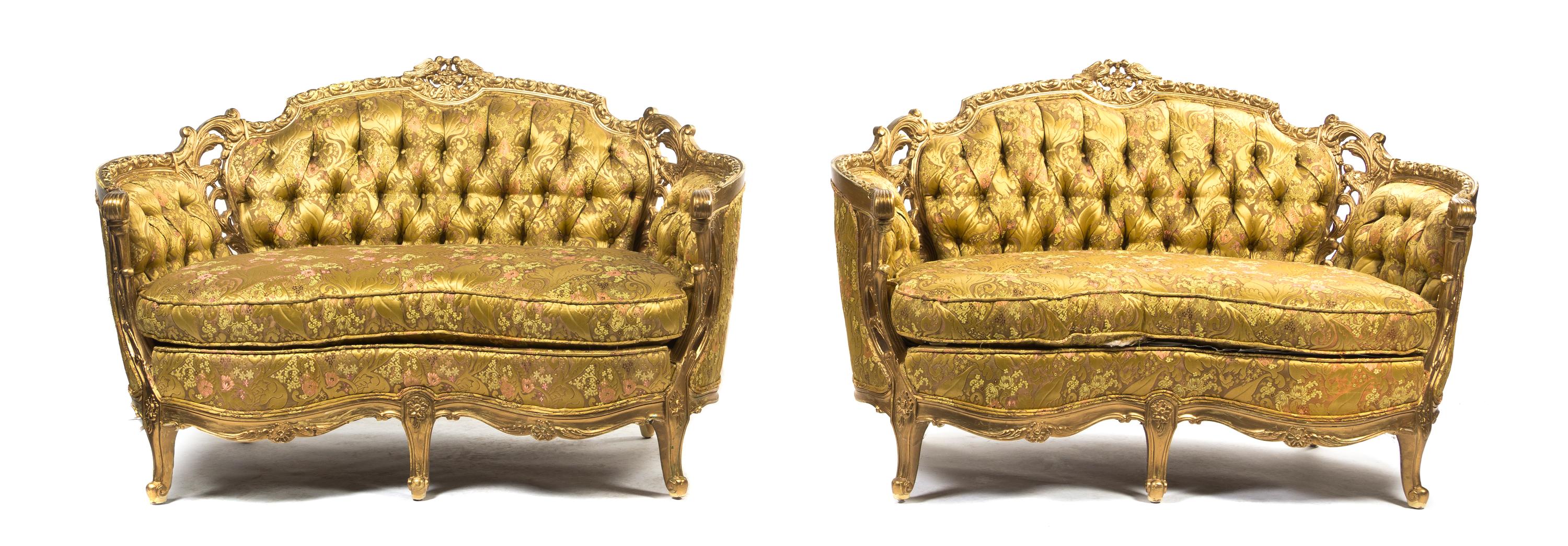 A Pair of Louis XVI Style Giltwood Settees, Width 56 1/4 inches.