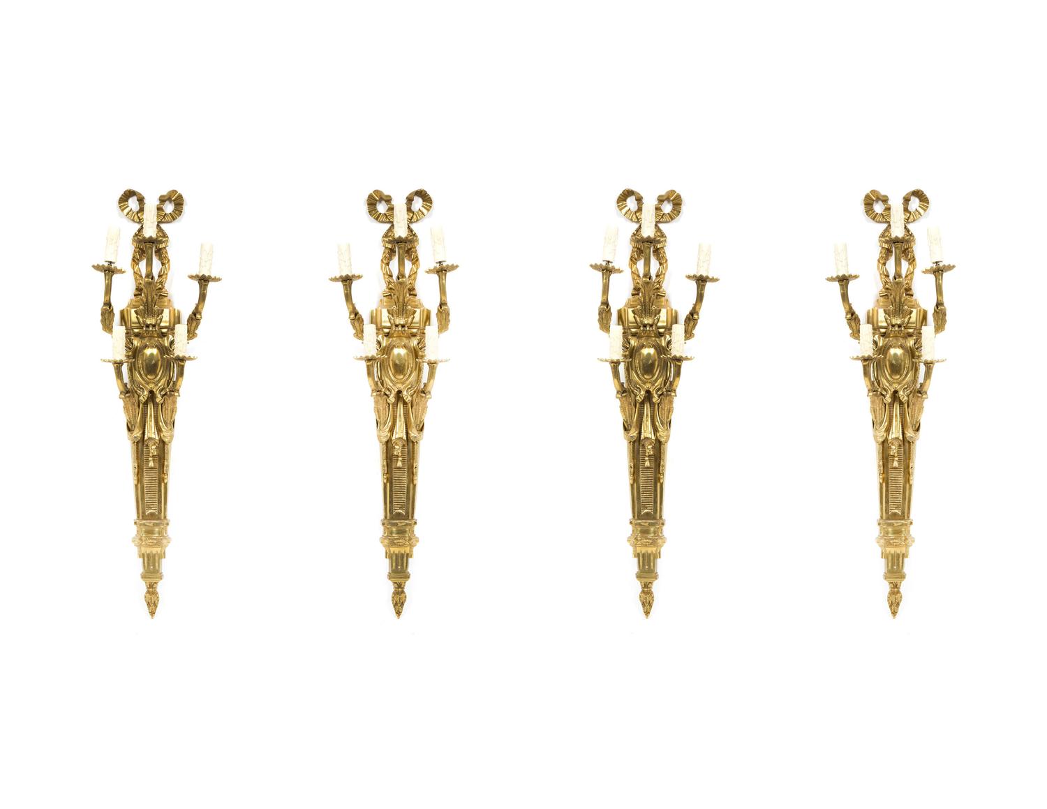 A Set of Four Louis XVI Style Gilt Bronze Five-Light Sconces