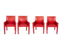 A Set of Four Contemporary Red Leatherette Upholstered Arm Chairs