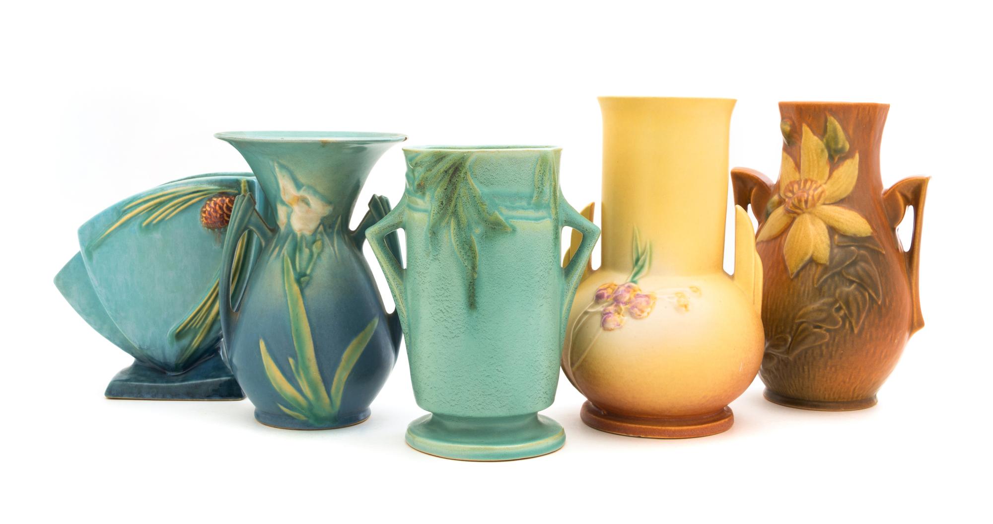 Five Roseville Vases Height of tallest 8 1/4 inches.