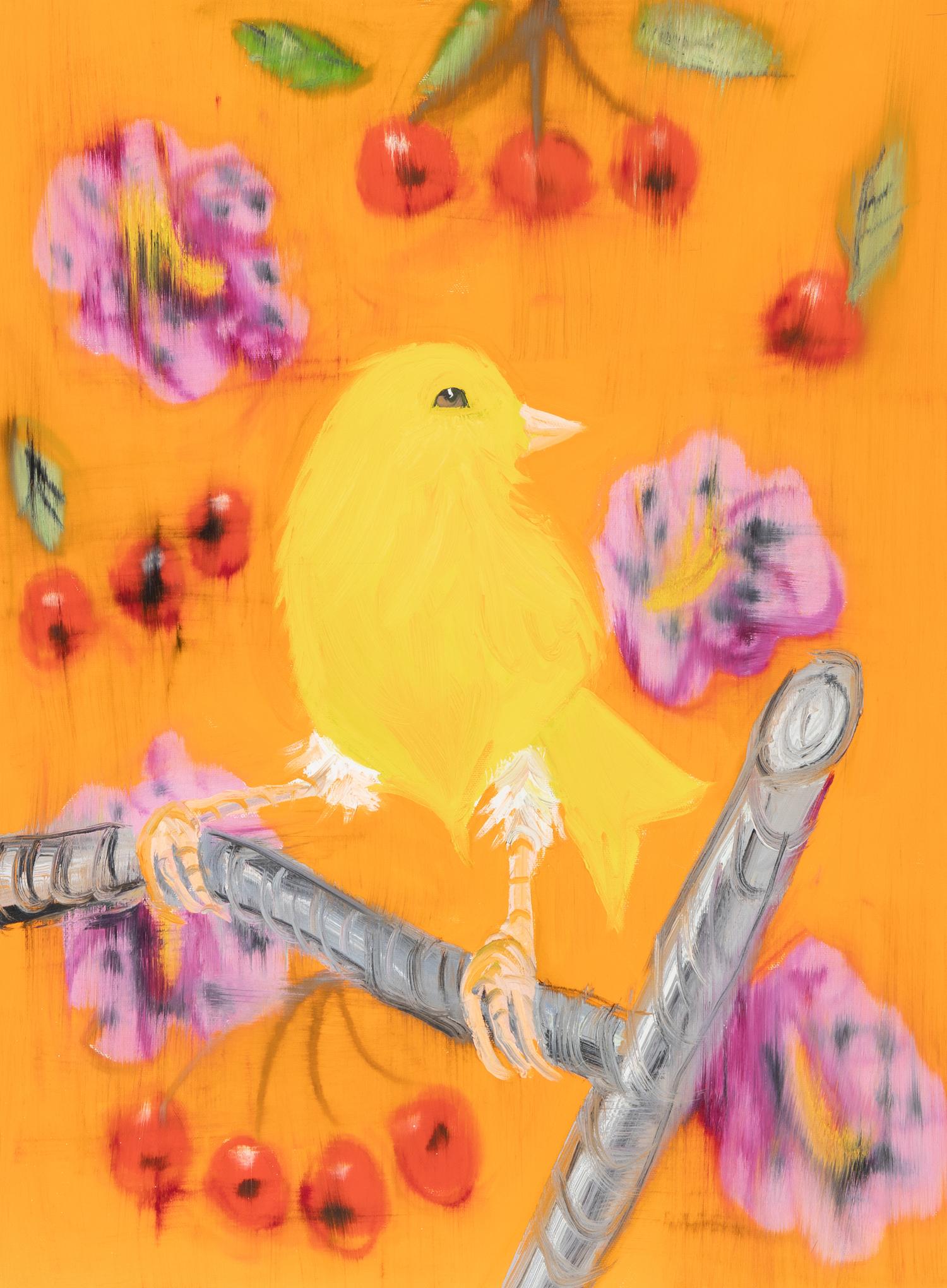Ann Craven (American, b. 1967) — Yellow Canary (Stepping Out on Orange, with Hollyhocks and Cherries) , 2019