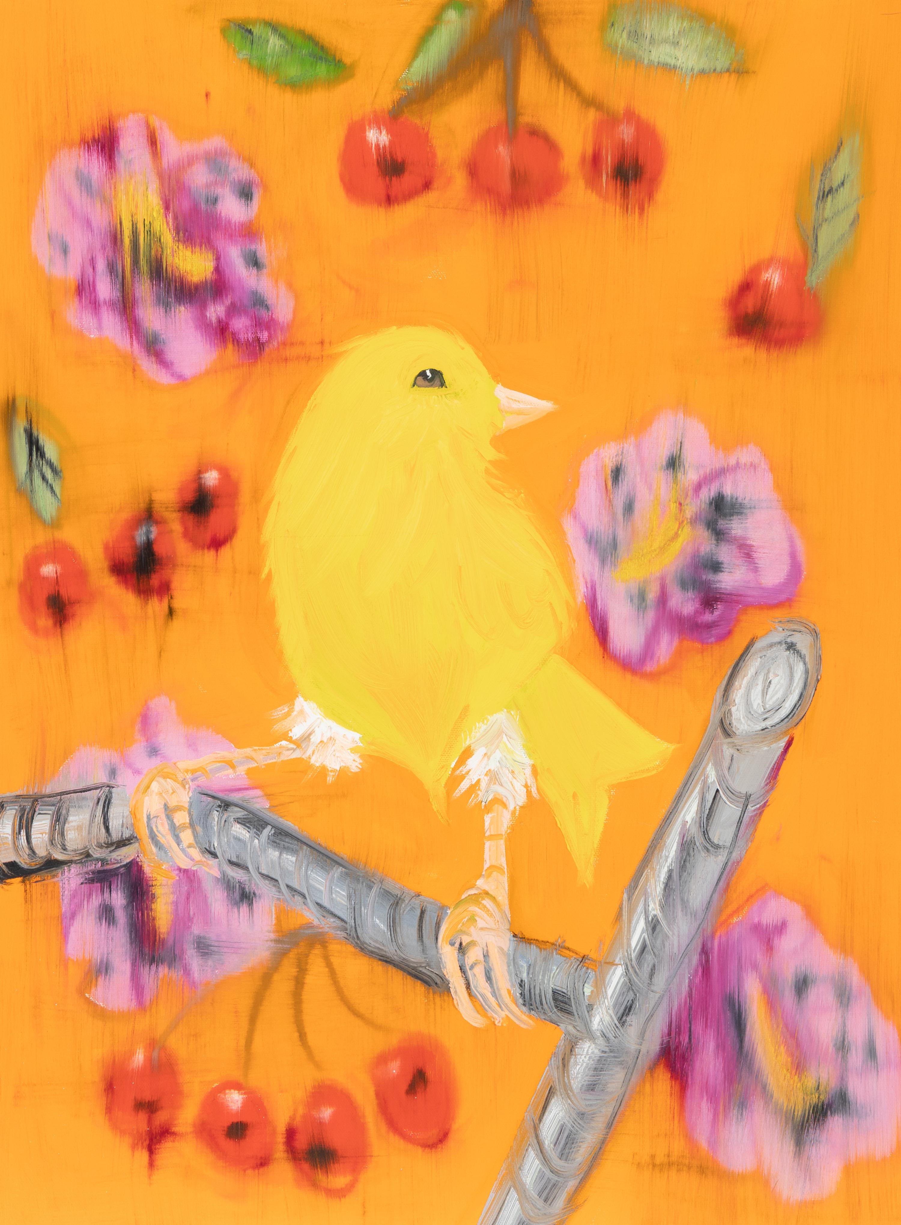 Ann Craven (American, b. 1967) — Yellow Canary (Stepping Out on Orange, with Hollyhocks and Cherries) , 2019