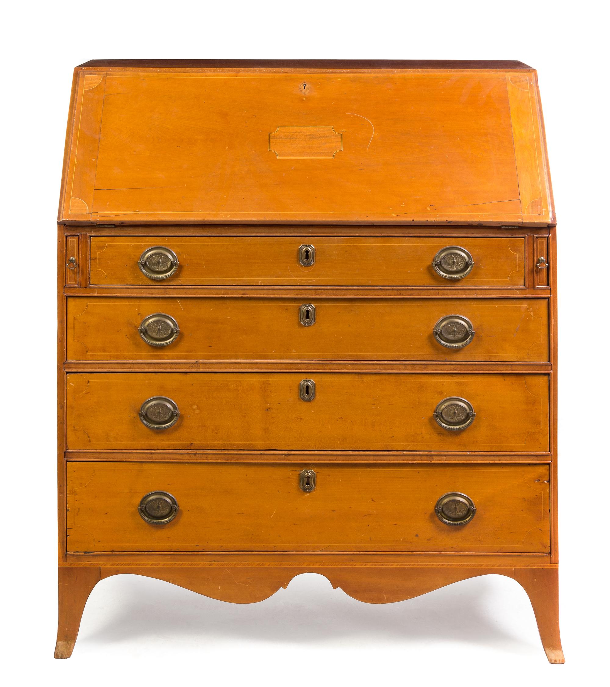 An American Maple Slant Front Bureau Height 43 x width 38 1/2 x depth 20 1/2 inches (closed). — 19TH CENTURY
