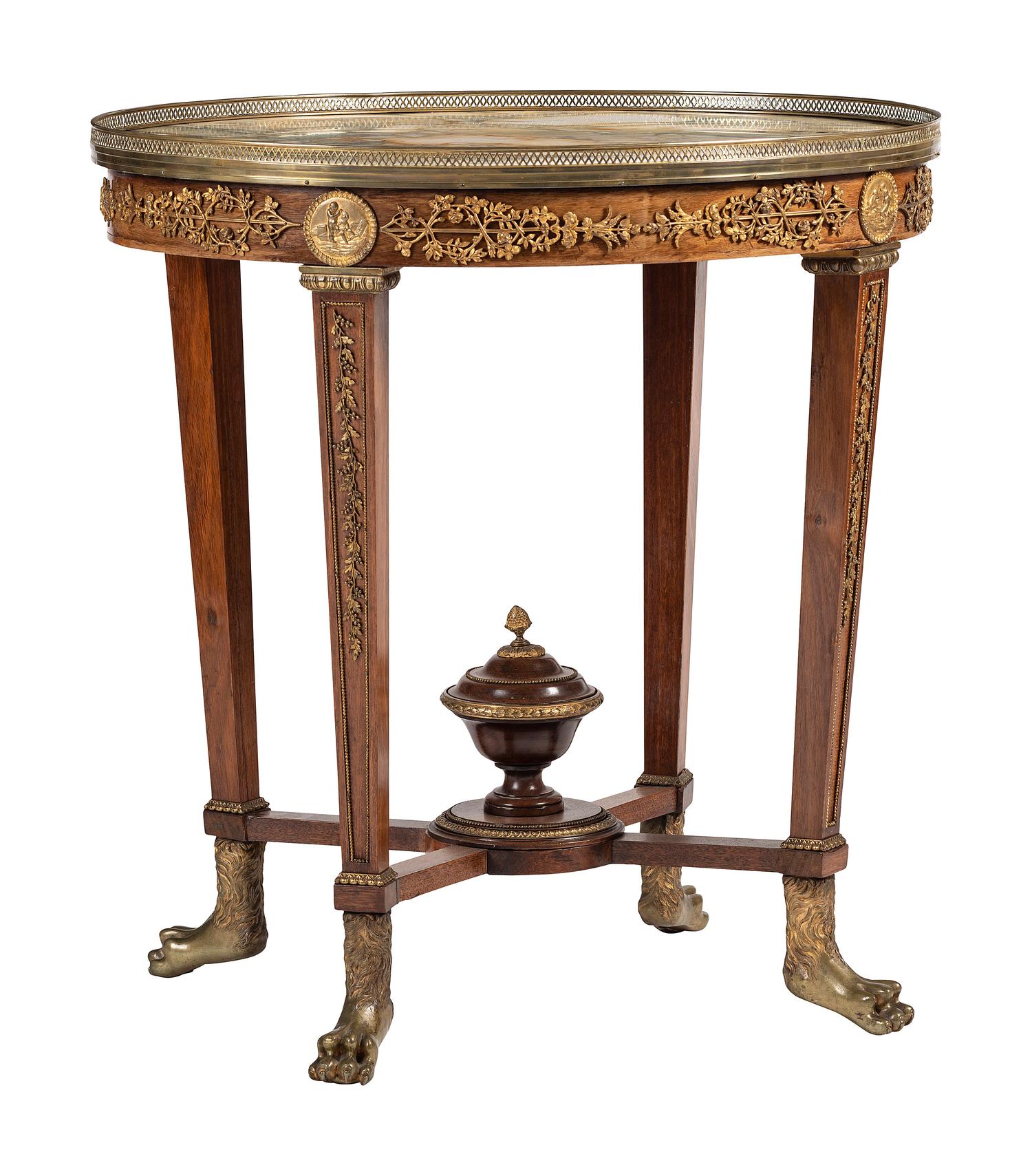 A Louis XVI Style Gilt Bronze Mounted Marble Top Mahogany Guéridon