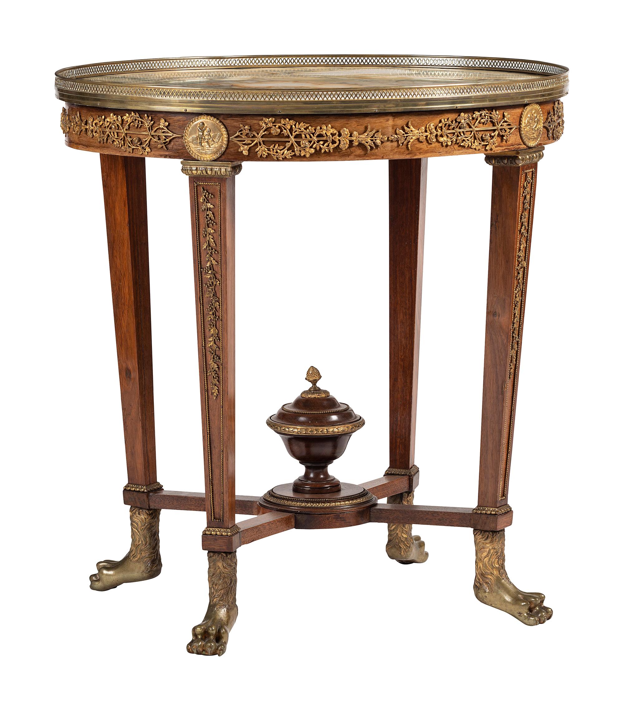 A Louis XVI Style Gilt Bronze Mounted Marble Top Mahogany Guéridon
