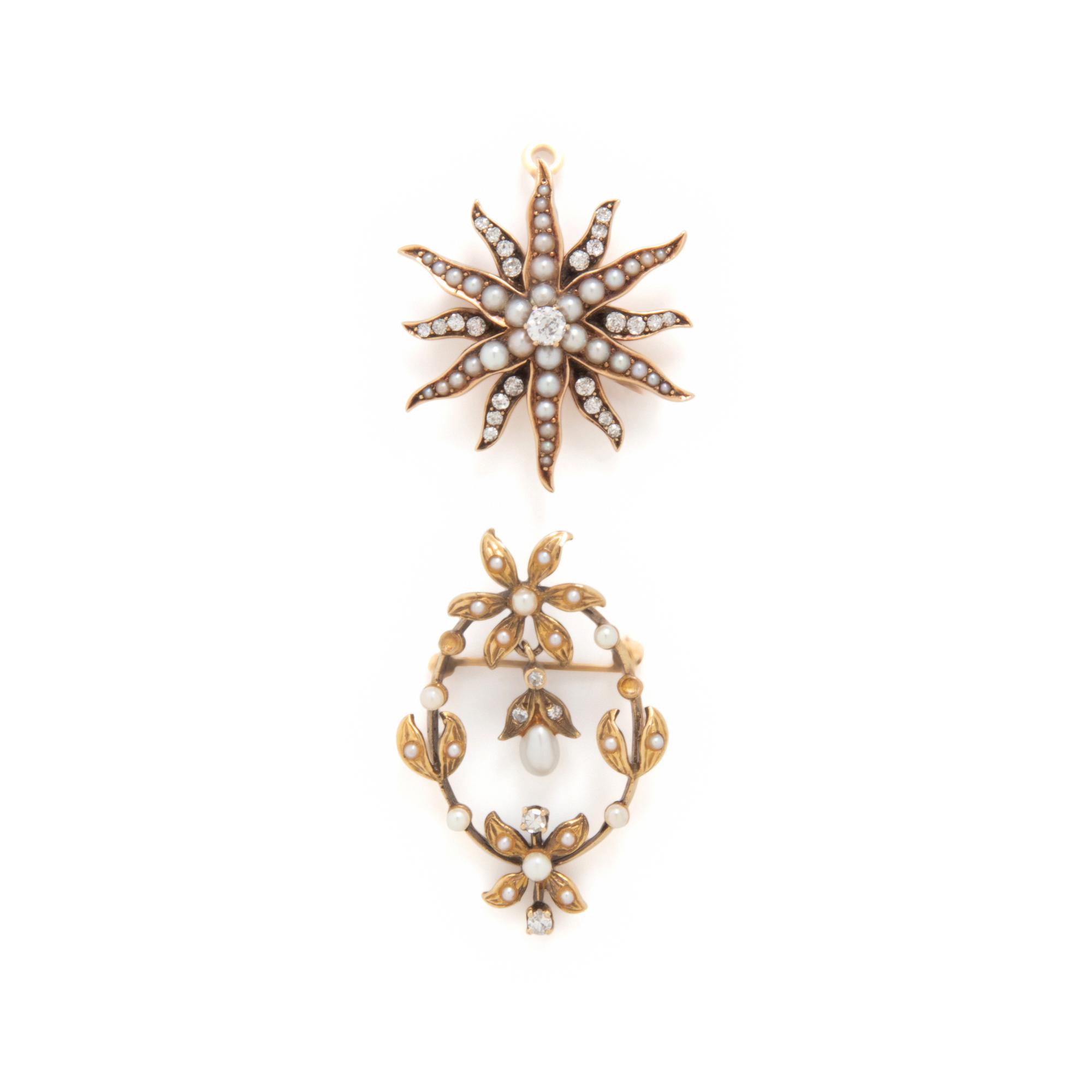 TWO SEED PEARL AND DIAMOND PINS