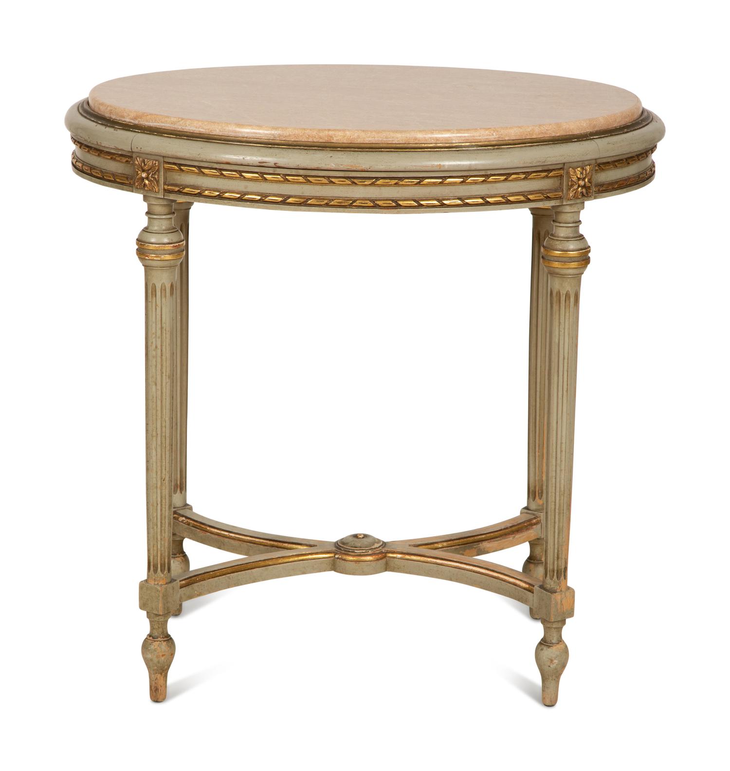 A Louis XVI Style Painted and Parcel Gilt Marble Top Oval Table — Early 20th Century