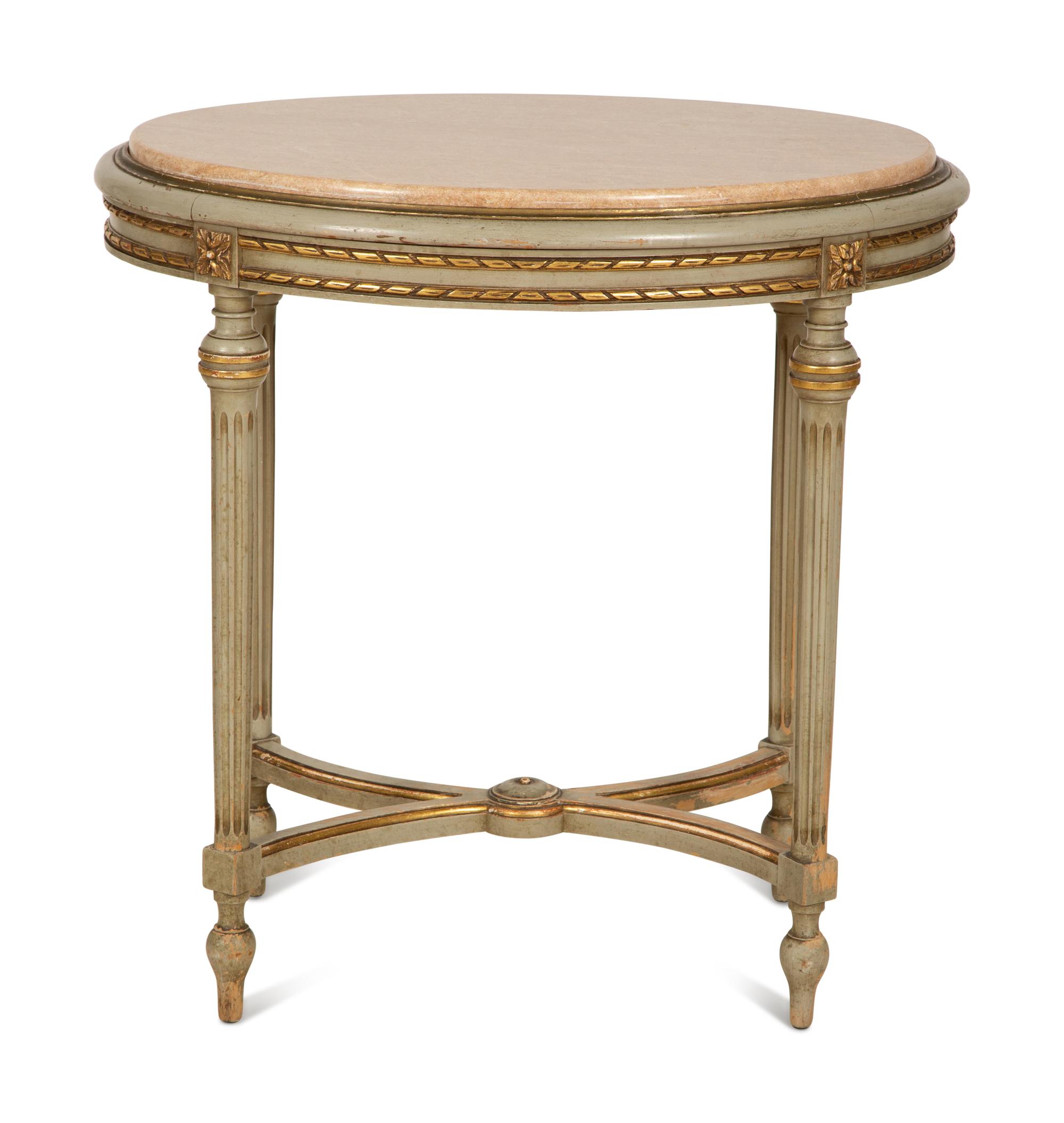 A Louis XVI Style Painted and Parcel Gilt Marble Top Oval Table — Early 20th Century