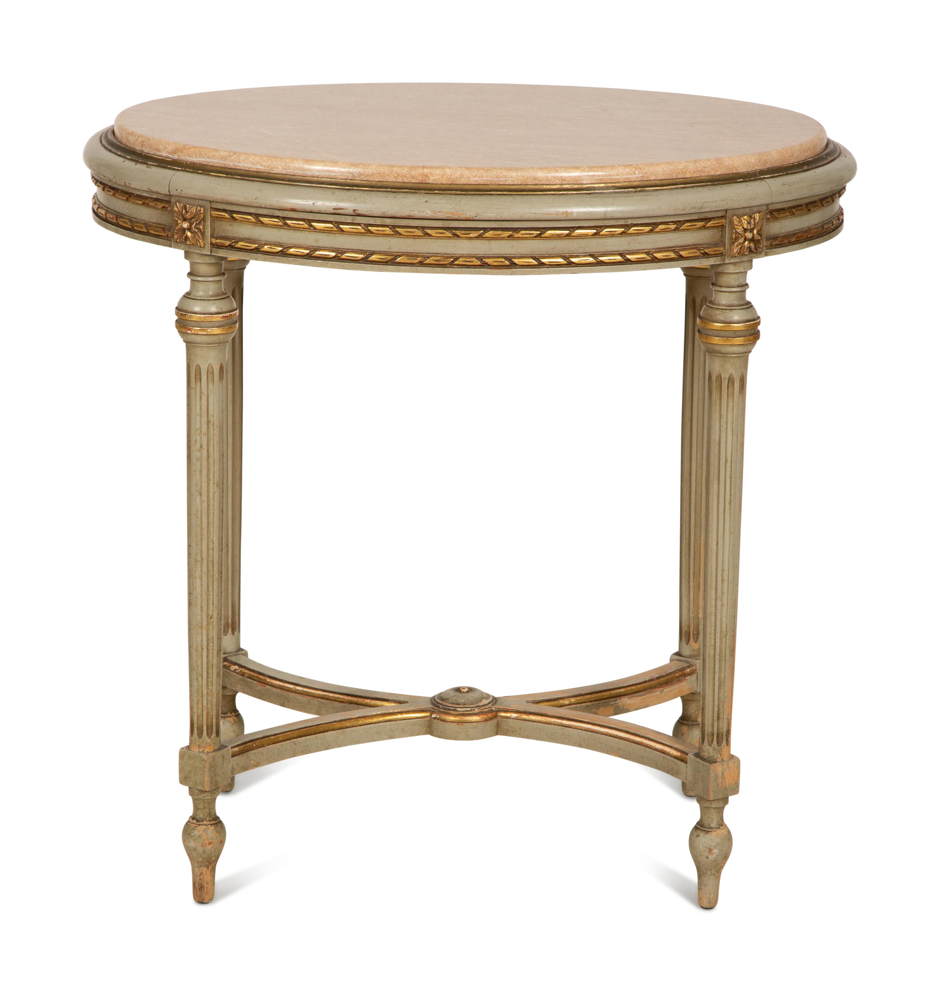 A Louis XVI Style Painted and Parcel Gilt Marble Top Oval Table — Early 20th Century