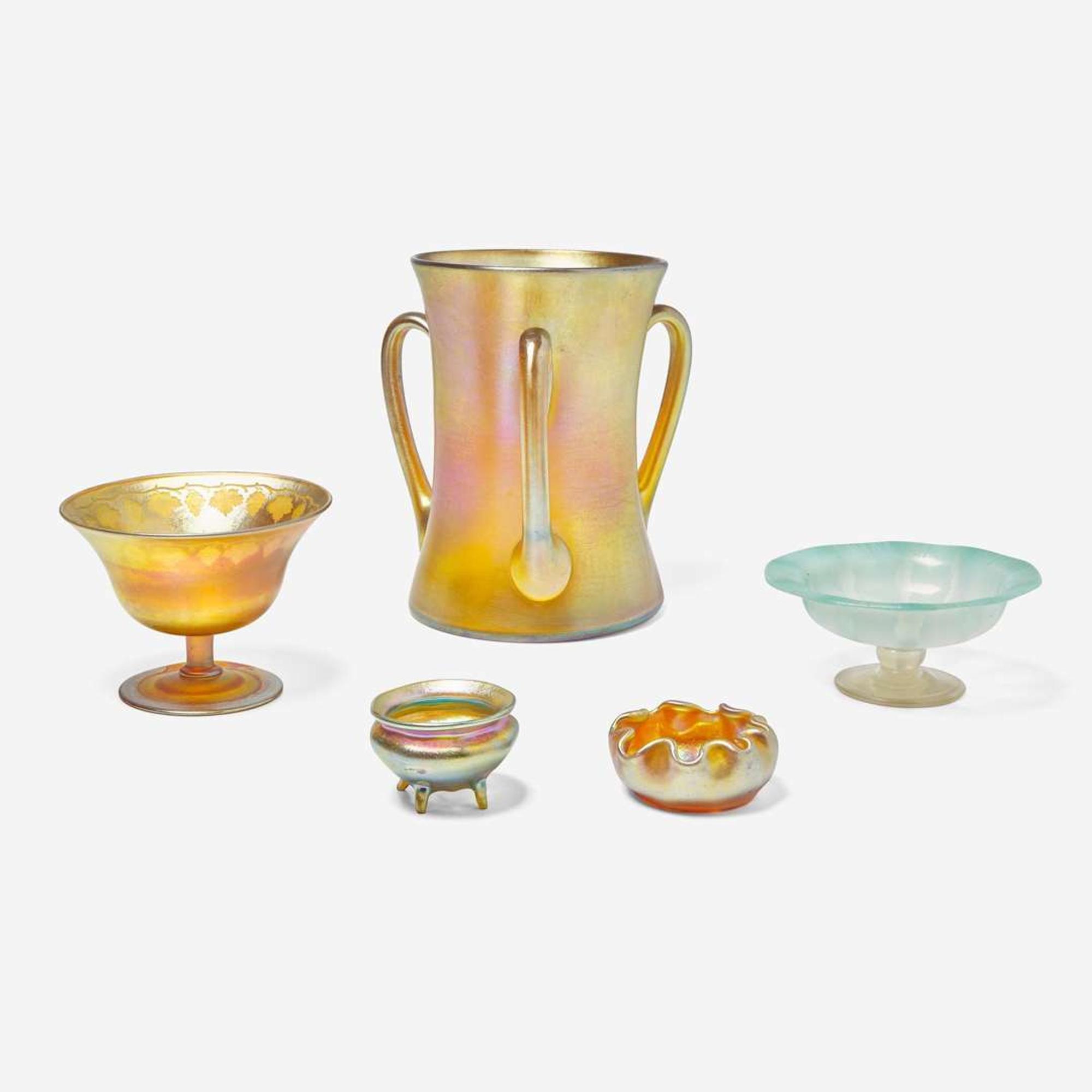 Tiffany Studios (American, active 1878-1932) Five Favrile Glass Vessels, USA, circa 1900