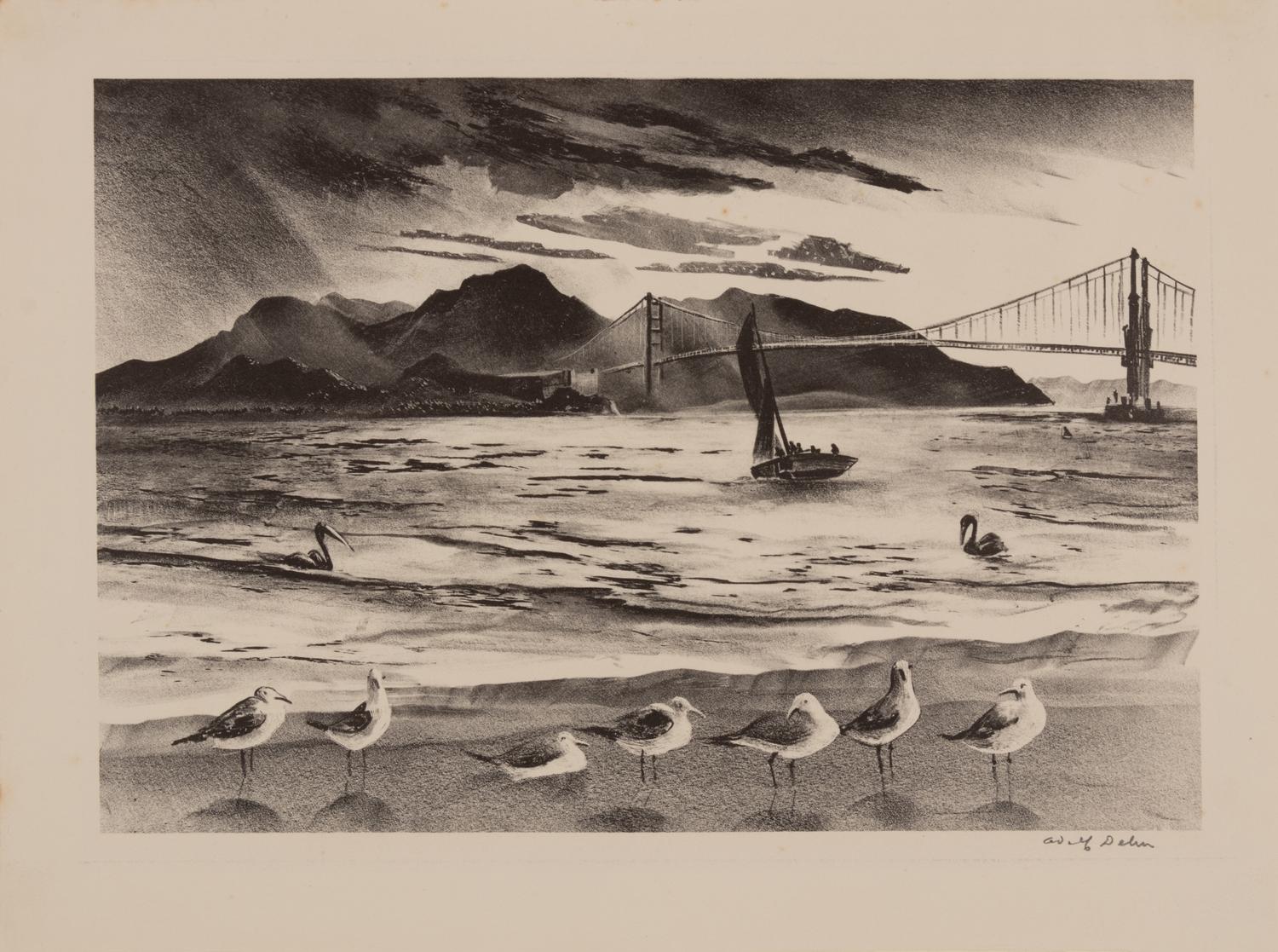 A group of four prints ( Golden Gate; Landscape with Cows; Minnesota Farmyard; Nice Day in Missouri )