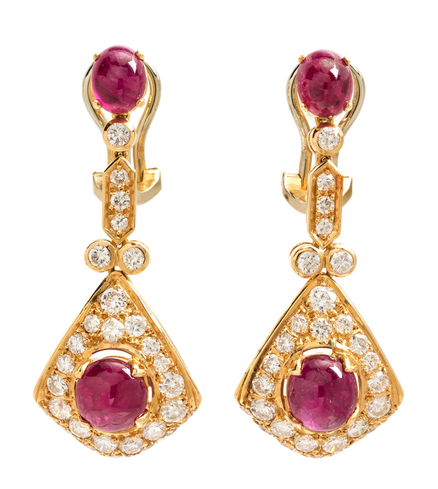 A Pair of Yellow Gold, Ruby and Diamond Pendant Earclips, 9.30 dwts